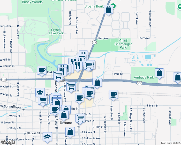 map of restaurants, bars, coffee shops, grocery stores, and more near 453-499 E Park St in Urbana