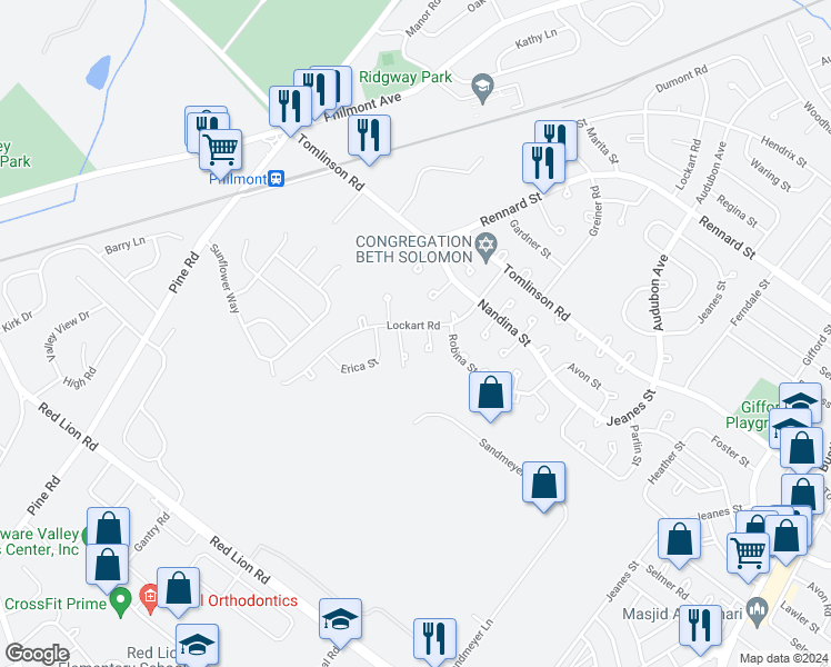 map of restaurants, bars, coffee shops, grocery stores, and more near 10783 Lockart Road in Philadelphia