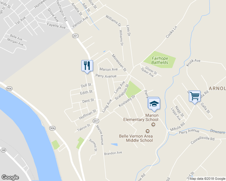 map of restaurants, bars, coffee shops, grocery stores, and more near 122 Smithfield Street in Belle Vernon