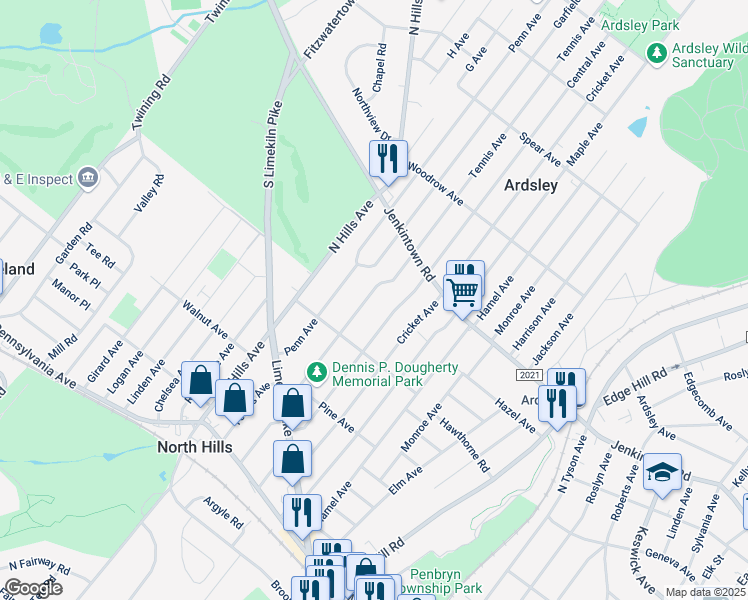 map of restaurants, bars, coffee shops, grocery stores, and more near 443 Tennis Avenue in Glenside