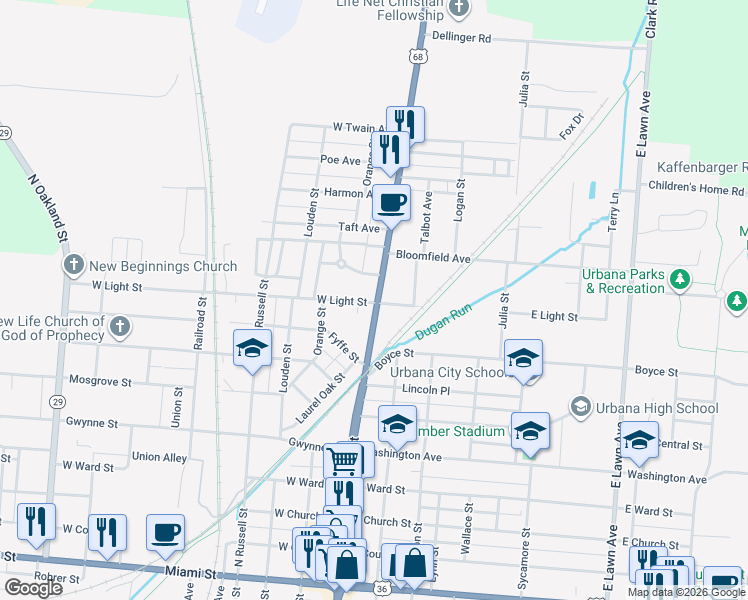 map of restaurants, bars, coffee shops, grocery stores, and more near 800 North Main Street in Urbana