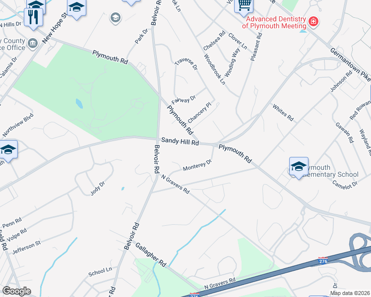 map of restaurants, bars, coffee shops, grocery stores, and more near 1712 Sandy Hill Road in Plymouth Meeting