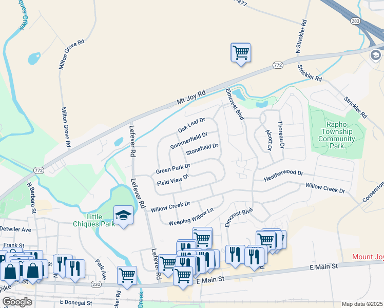 map of restaurants, bars, coffee shops, grocery stores, and more near 5205 Stonefield Drive in Mount Joy