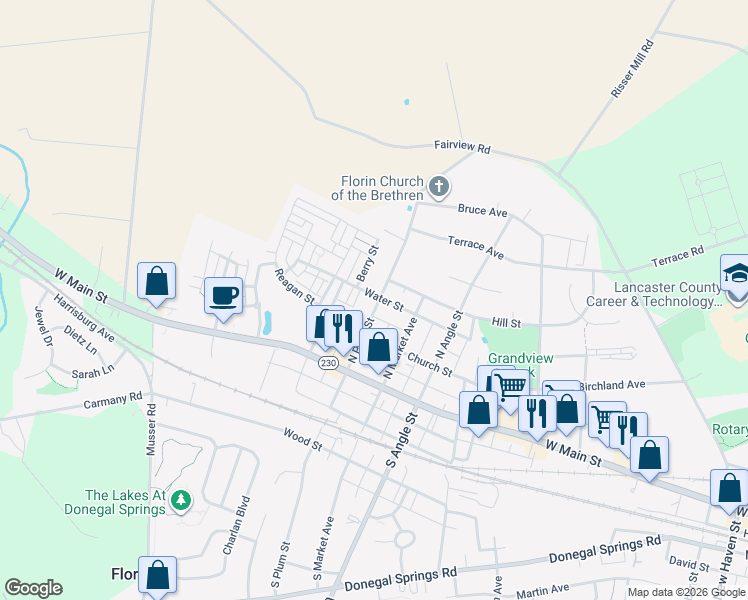 map of restaurants, bars, coffee shops, grocery stores, and more near 274 North Plum Street in Mount Joy