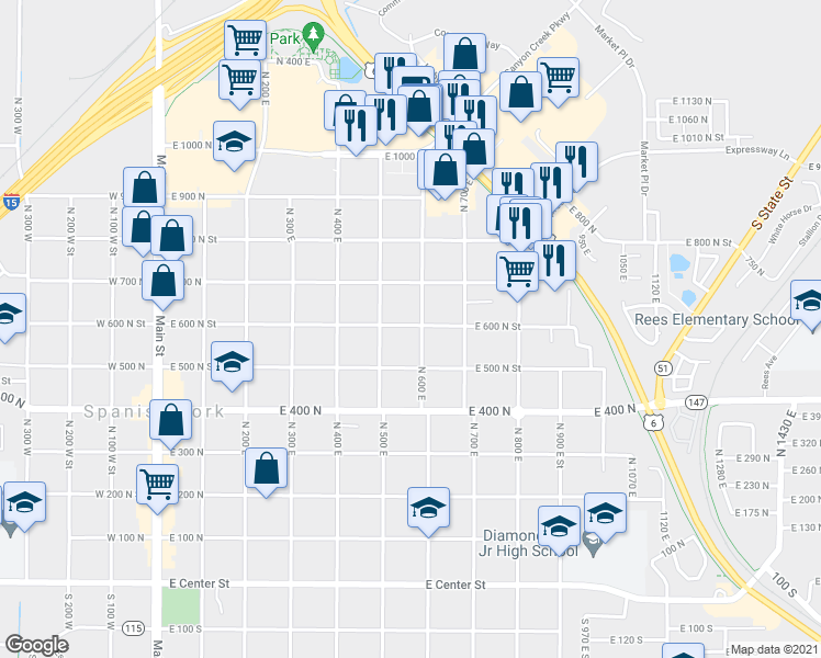 map of restaurants, bars, coffee shops, grocery stores, and more near 564 East 600 North Street in Spanish Fork