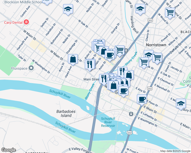 map of restaurants, bars, coffee shops, grocery stores, and more near 321 West Main Street in Norristown