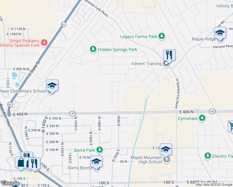 map of restaurants, bars, coffee shops, grocery stores, and more near 593 North 2040 East Street in Spanish Fork