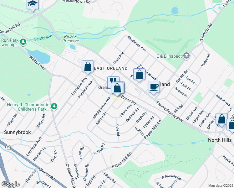 map of restaurants, bars, coffee shops, grocery stores, and more near in Oreland