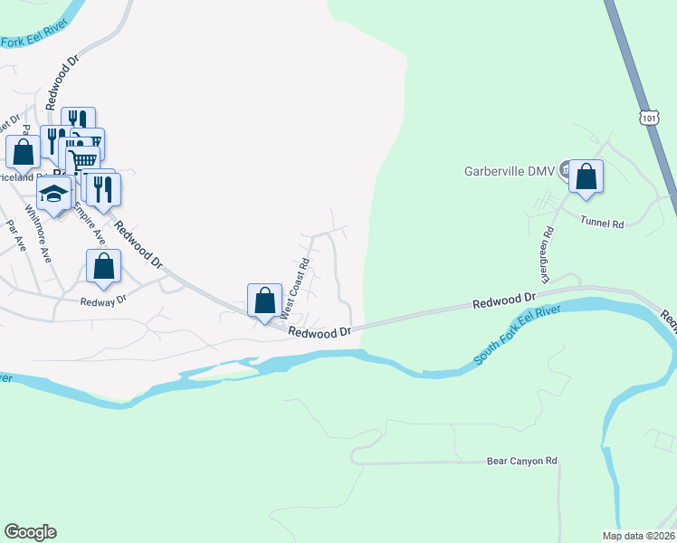 map of restaurants, bars, coffee shops, grocery stores, and more near 77 Mill Road in Redway
