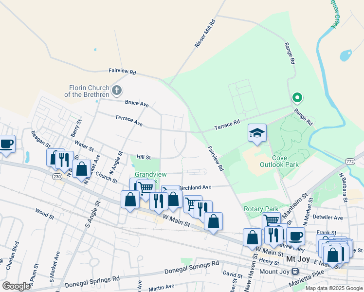 map of restaurants, bars, coffee shops, grocery stores, and more near 331 Hill Street in Mount Joy
