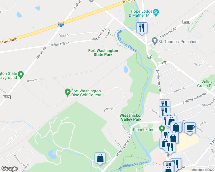 map of restaurants, bars, coffee shops, grocery stores, and more near 609 Creek Lane in Flourtown