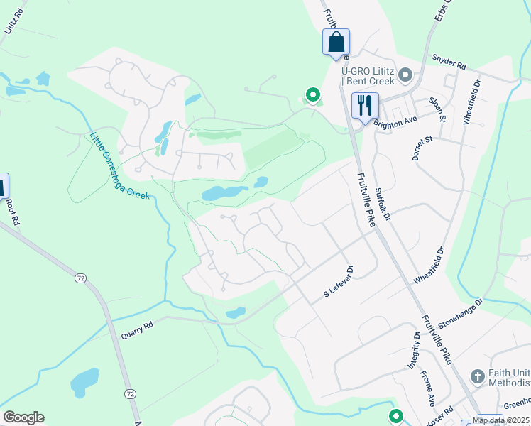 map of restaurants, bars, coffee shops, grocery stores, and more near 1038 Stillwood Circle in Lititz