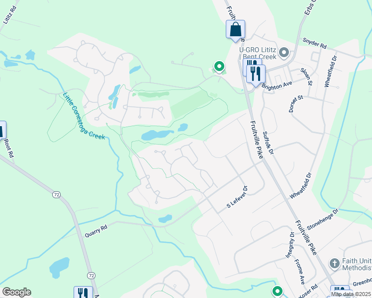 map of restaurants, bars, coffee shops, grocery stores, and more near 1038 Stillwood Circle in Lititz