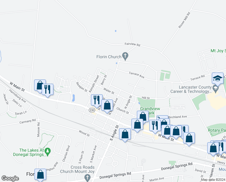 map of restaurants, bars, coffee shops, grocery stores, and more near 831 Water Street in Mount Joy