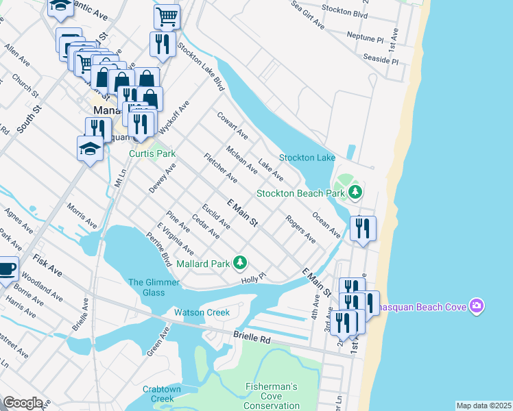map of restaurants, bars, coffee shops, grocery stores, and more near 157 Fletcher Avenue in Manasquan