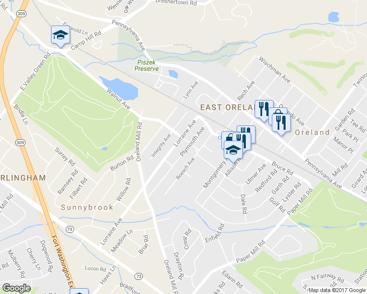 map of restaurants, bars, coffee shops, grocery stores, and more near 211 Plymouth Avenue in Oreland