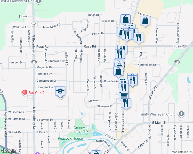 map of restaurants, bars, coffee shops, grocery stores, and more near 305 Victoria Drive in Greenville