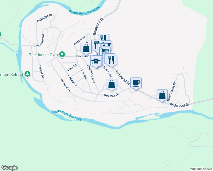 map of restaurants, bars, coffee shops, grocery stores, and more near 380 Birdie Lane in Redway