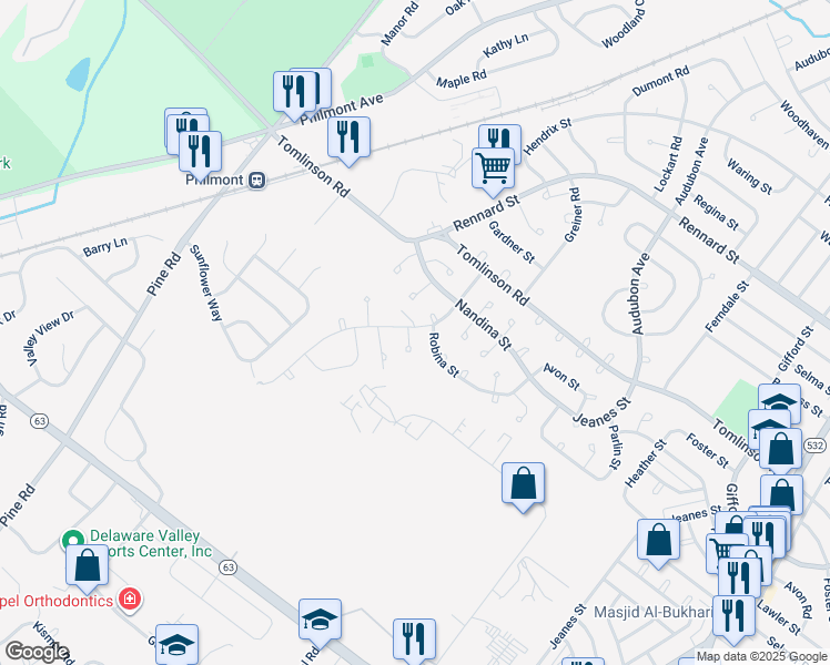 map of restaurants, bars, coffee shops, grocery stores, and more near 201 Lockart Lane in Philadelphia