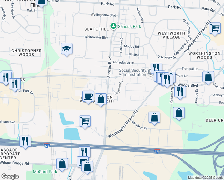 map of restaurants, bars, coffee shops, grocery stores, and more near 7433 Martinique Drive in Columbus