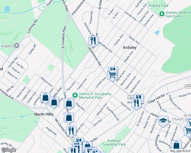 map of restaurants, bars, coffee shops, grocery stores, and more near 510 Central Avenue in Glenside