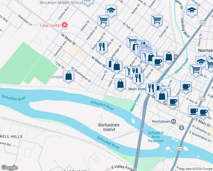 map of restaurants, bars, coffee shops, grocery stores, and more near 115 Haws Ave in Norristown