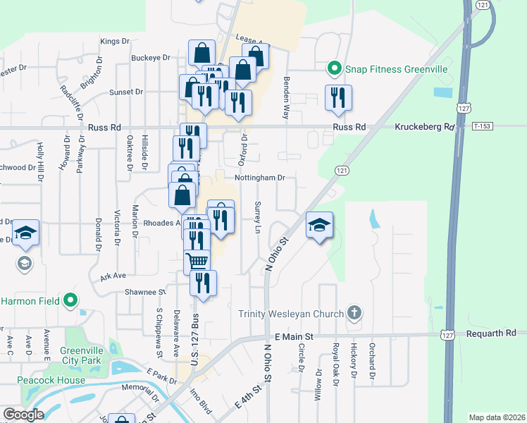 map of restaurants, bars, coffee shops, grocery stores, and more near 121 Surrey Lane in Greenville