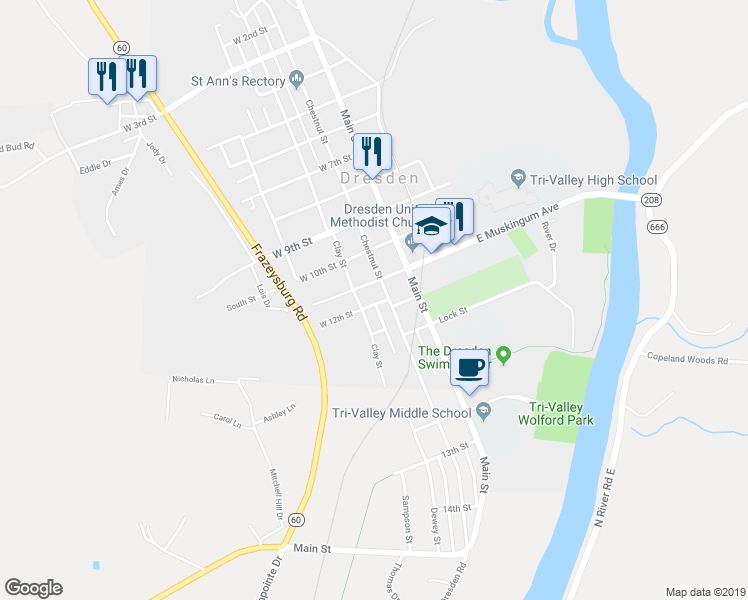 map of restaurants, bars, coffee shops, grocery stores, and more near 25 West 12th Street in Dresden