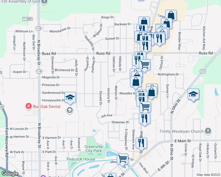 map of restaurants, bars, coffee shops, grocery stores, and more near 305 Victoria Drive in Greenville