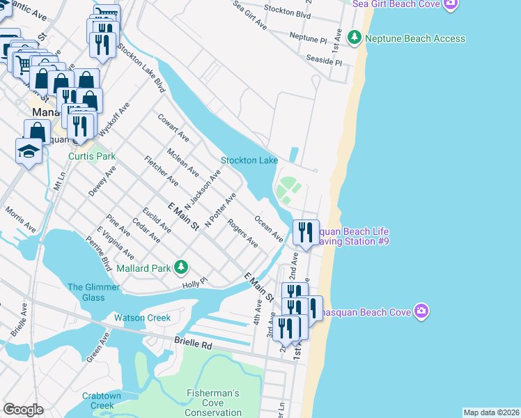 map of restaurants, bars, coffee shops, grocery stores, and more near 30 Ocean Avenue in Manasquan