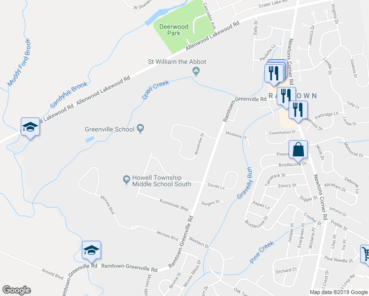 map of restaurants, bars, coffee shops, grocery stores, and more near 29 Woodview Drive in Howell