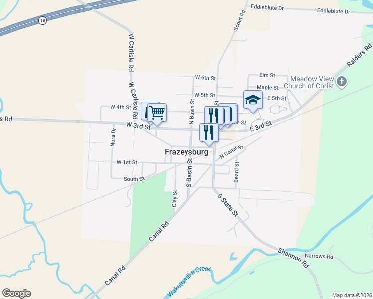map of restaurants, bars, coffee shops, grocery stores, and more near in Frazeysburg