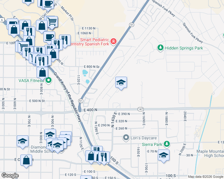 map of restaurants, bars, coffee shops, grocery stores, and more near 598 North 1400 East in Spanish Fork