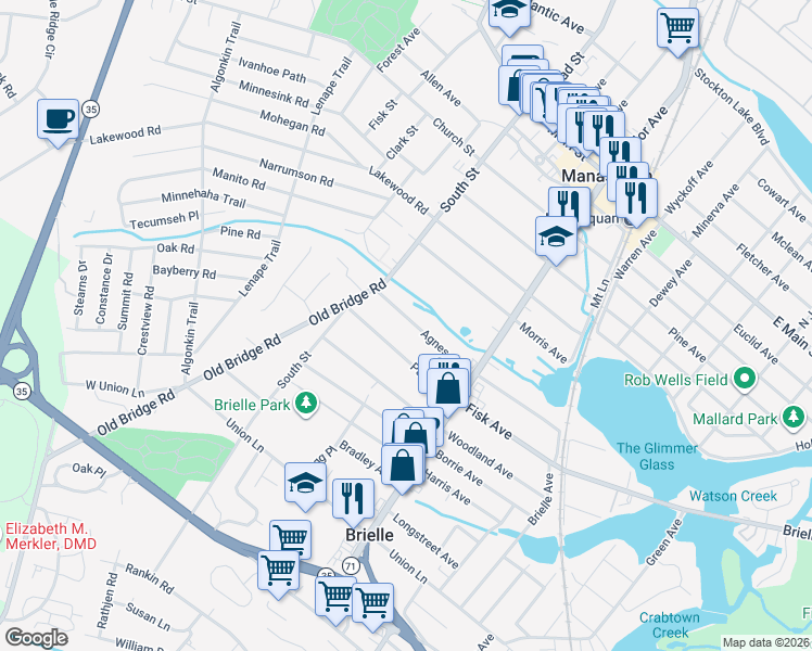 map of restaurants, bars, coffee shops, grocery stores, and more near 635 Agnes Avenue in Brielle
