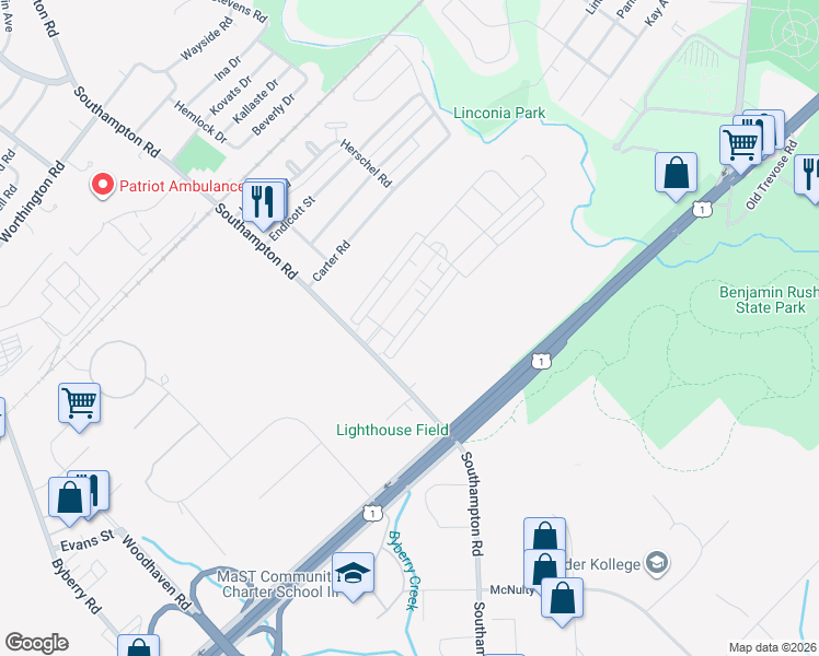 map of restaurants, bars, coffee shops, grocery stores, and more near 15025 Sunflower Drive in Philadelphia