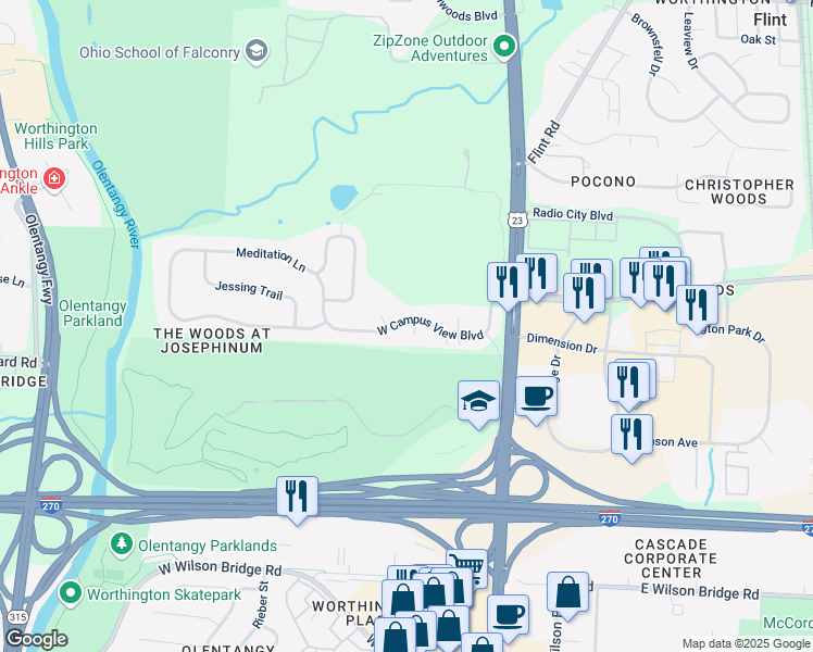 map of restaurants, bars, coffee shops, grocery stores, and more near 157 West Campus View Boulevard in Columbus