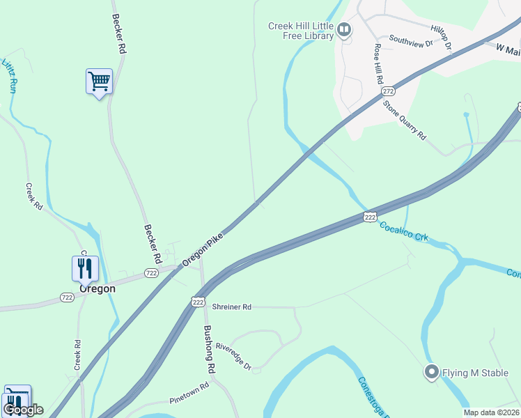 map of restaurants, bars, coffee shops, grocery stores, and more near 3830 Oregon Pike in Leola