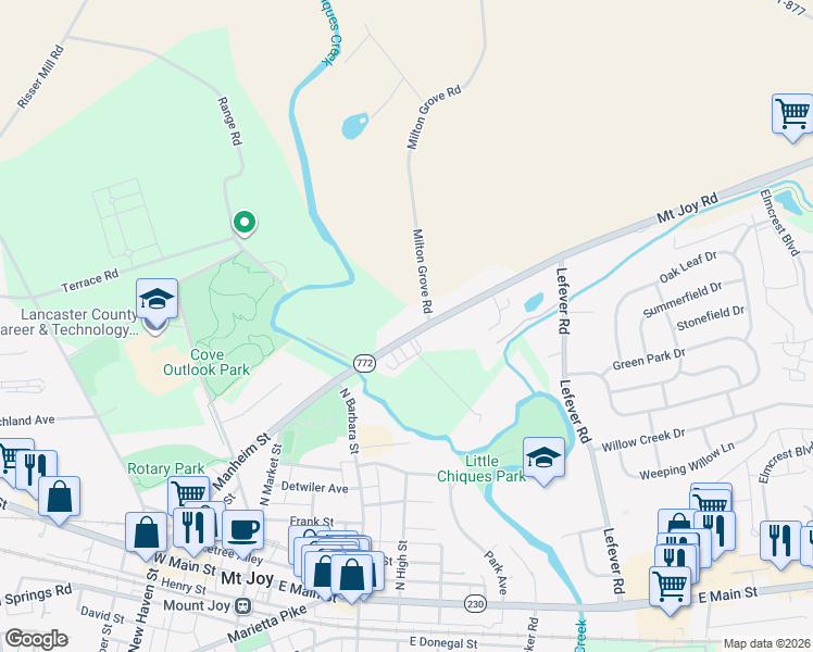 map of restaurants, bars, coffee shops, grocery stores, and more near 3722 Mount Joy Road in Mount Joy