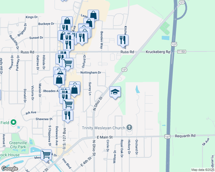 map of restaurants, bars, coffee shops, grocery stores, and more near 1526 Greenmoore Court in Greenville