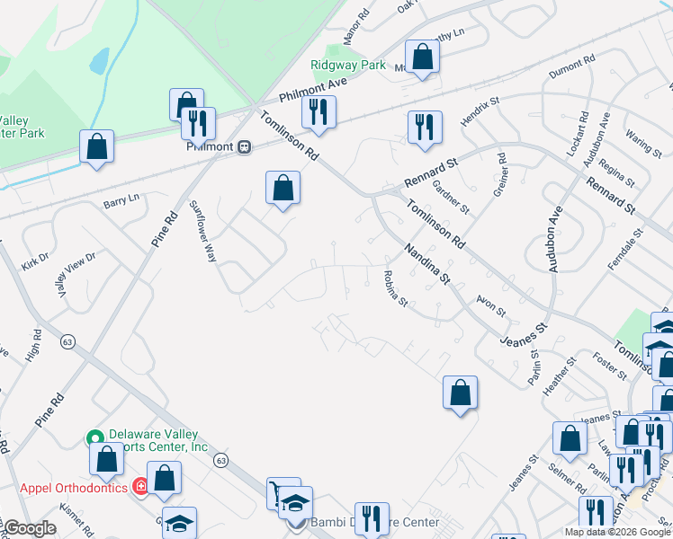 map of restaurants, bars, coffee shops, grocery stores, and more near 201 Lockart Terrace in Philadelphia