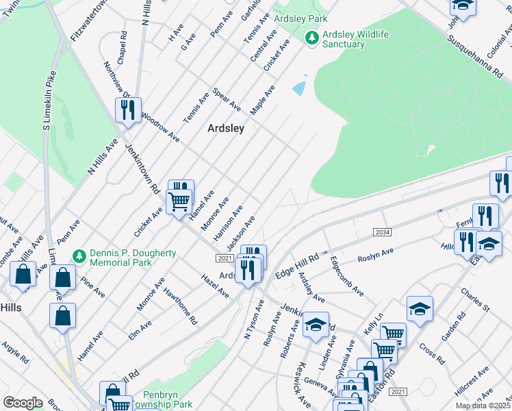map of restaurants, bars, coffee shops, grocery stores, and more near 2700 Woodrow Avenue in Glenside