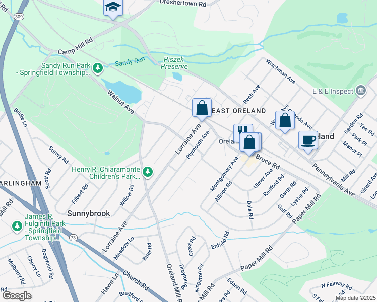 map of restaurants, bars, coffee shops, grocery stores, and more near 211 Plymouth Avenue in Oreland