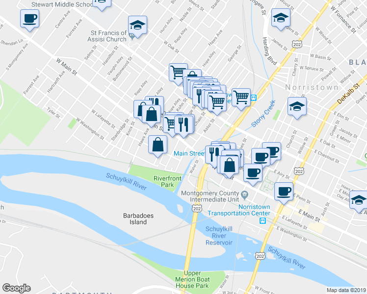map of restaurants, bars, coffee shops, grocery stores, and more near 400 West Main Street in Norristown
