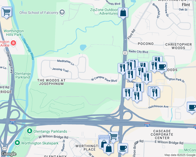 map of restaurants, bars, coffee shops, grocery stores, and more near 157 West Campus View Boulevard in Columbus