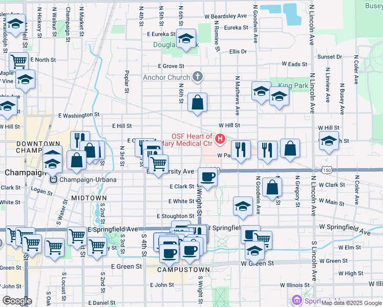 map of restaurants, bars, coffee shops, grocery stores, and more near 612 East Park Street in Champaign