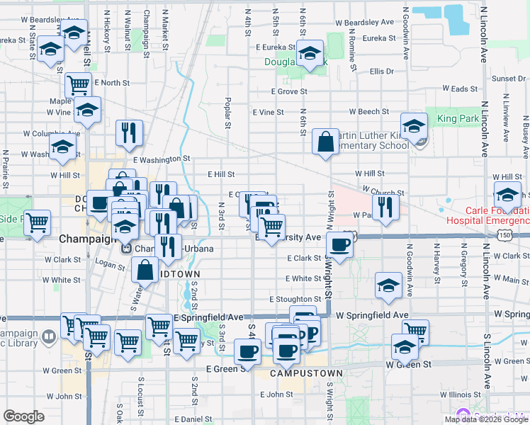 map of restaurants, bars, coffee shops, grocery stores, and more near 406 East Park Street in Champaign