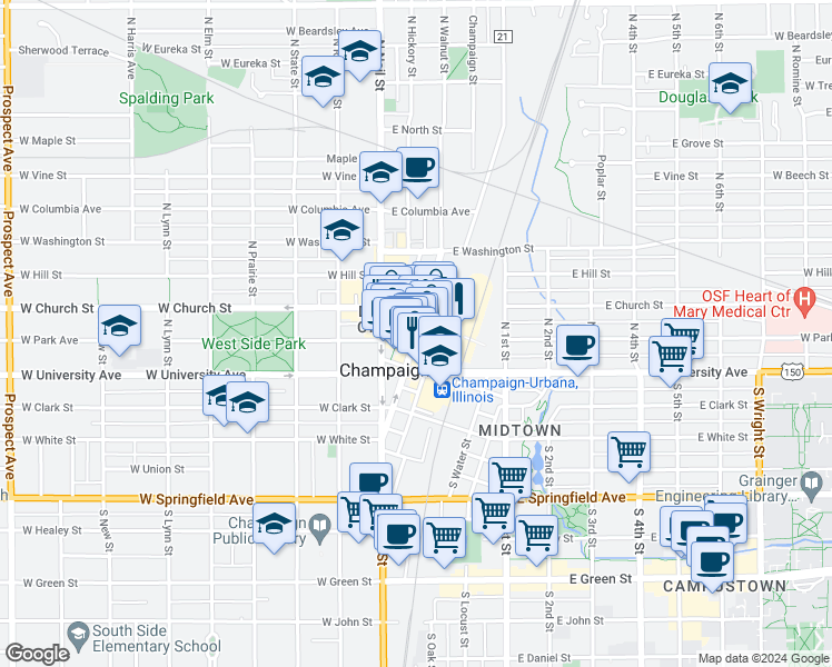 map of restaurants, bars, coffee shops, grocery stores, and more near in Champaign