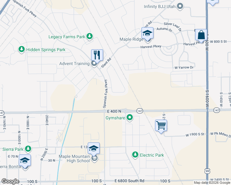 map of restaurants, bars, coffee shops, grocery stores, and more near 2606 East 600 North in Spanish Fork