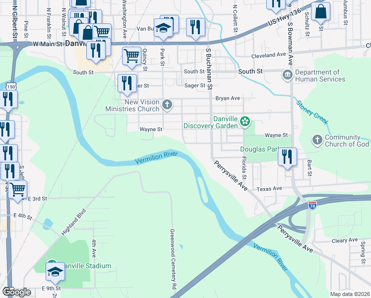 map of restaurants, bars, coffee shops, grocery stores, and more near 606 Douglas Avenue in Danville
