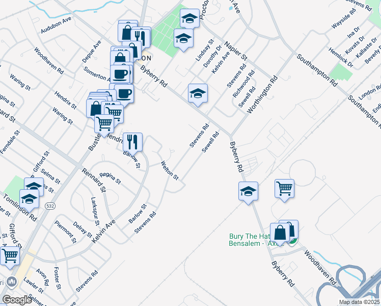 map of restaurants, bars, coffee shops, grocery stores, and more near 11935 Stevens Road in Philadelphia